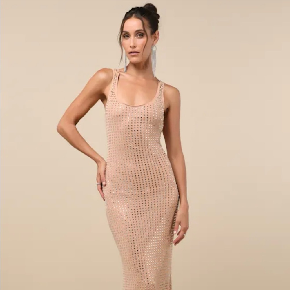Dazzling Finesse Tan Mesh Rhinestone Cowl Back Maxi Dress